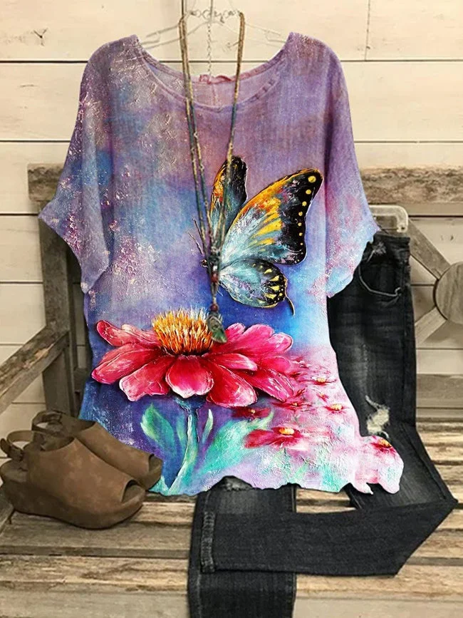 Beautiful Butterfly Floral Printed Casual Women's Loose Top
