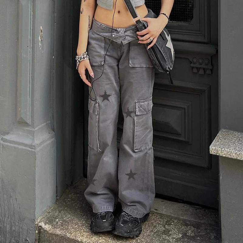 Uforever21 2023 Autumn New Fall Outfits Low Waist Vintage Jeans Star Retro Multipockets Cargo Pants Streetwear Fashion Y2k Grunge Gray Aesthetic Clothes 90s