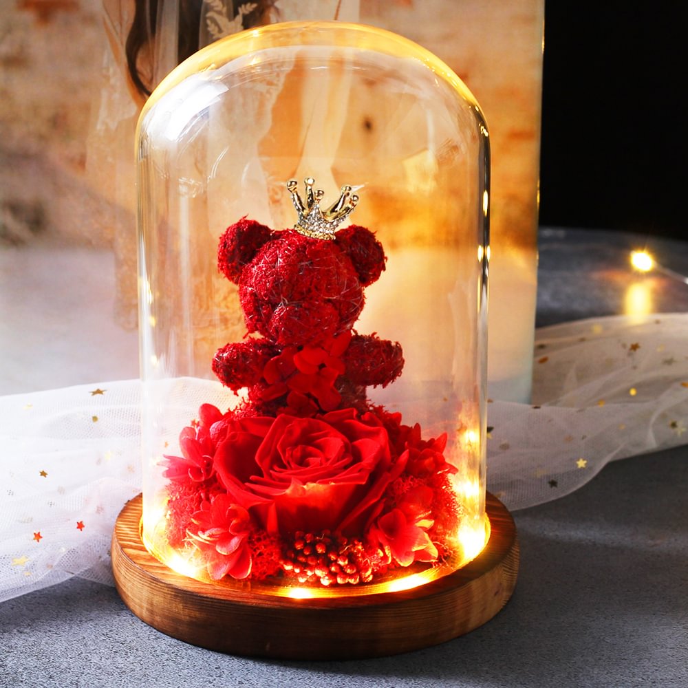 Beatea Red Preserved Rose Teddy Bear Glass with LED Light In Glass Dome