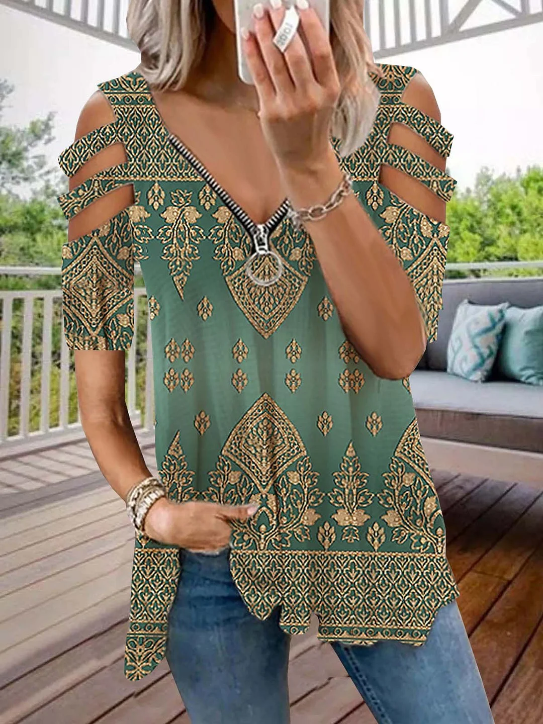 Casual Ethnic Autumn V neck Daily Loose Half sleeve H-Line Regular Tops for Women