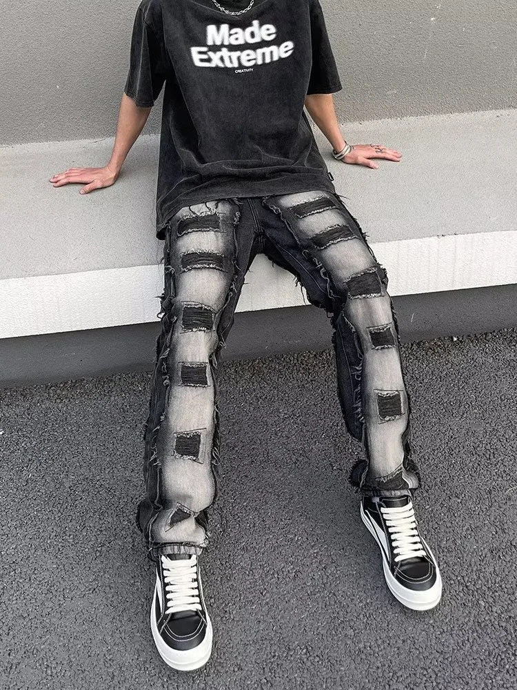 High Street Ripped Hole Patch Stitching Jeans Loose Straight Gradient Trousers at Hiphopee