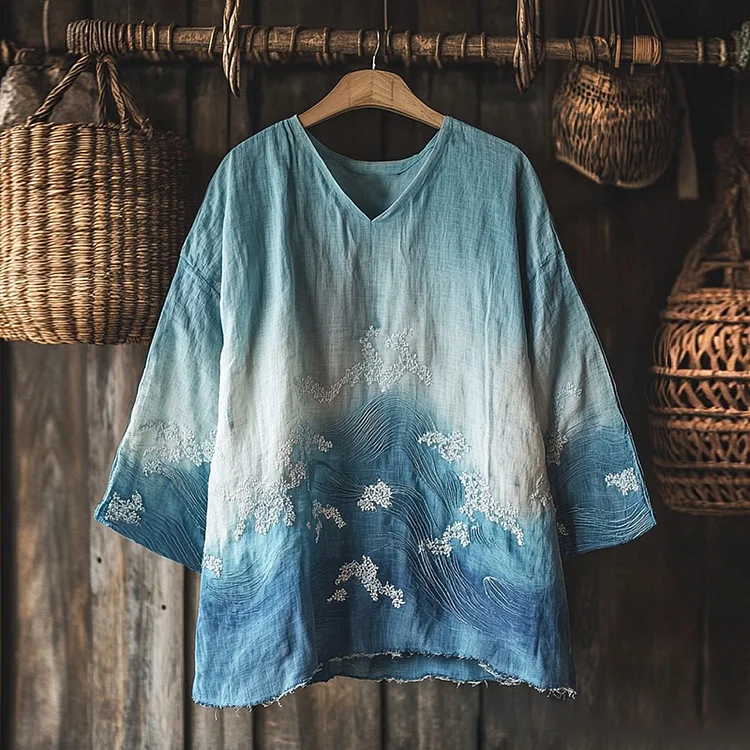 Vintage Waves Inspired Embroidery Japanese Art Linen Blend Cozy Tunic