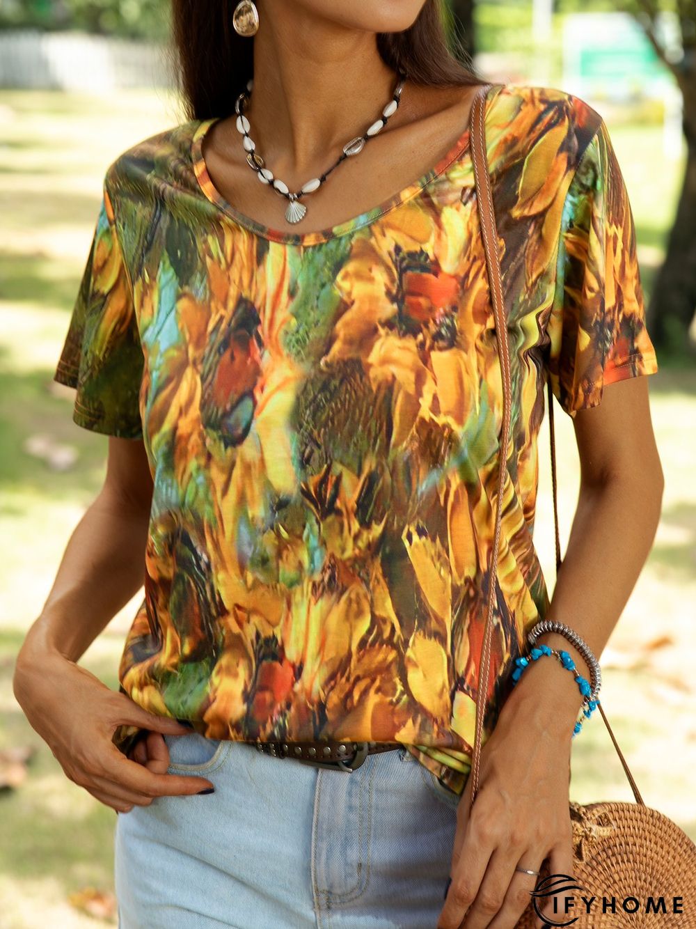 Crew Neck Shift Sunflower Short Sleeve T-shirt | IFYHOME