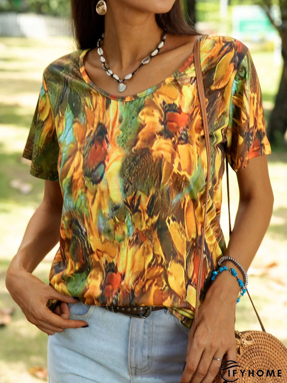 Crew Neck Shift Sunflower Short Sleeve T-shirt | IFYHOME