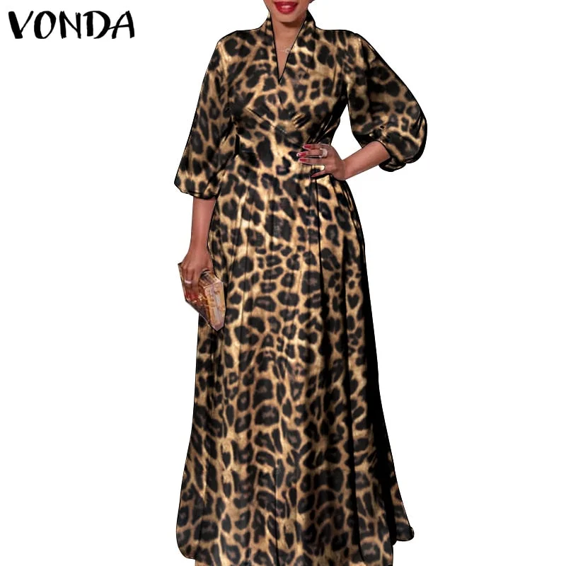 Women Autumn Long Maxi Party Dress 2022 VONDA Sexy V Neck Long Sleeve Solid Dresses Bohemian Vestidos Femme Satin Slik Sundress