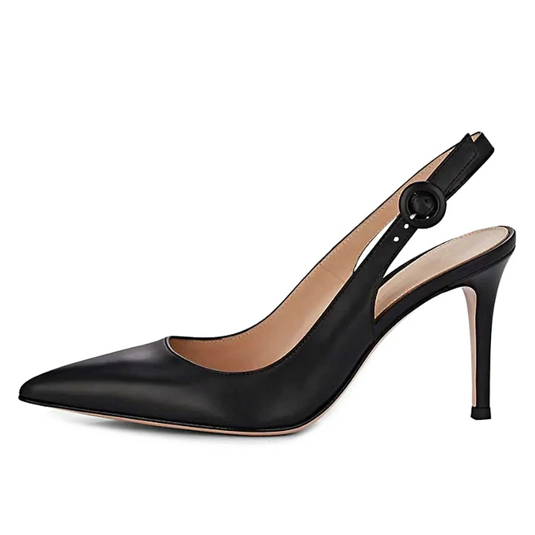 Faux Leather Pointed Toe Stiletto Heel Slingback Black Pumps