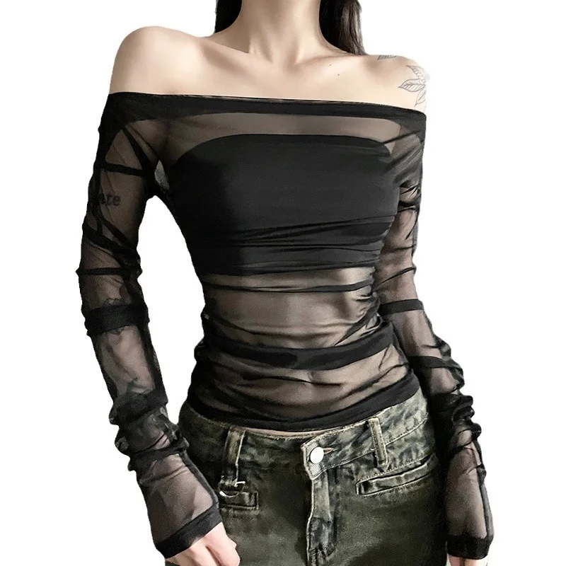 Uveng 2023 Autumn New Women's Clothing Solid Color Repair Street Fashion Word Reveals Back Long-Sleeved T-Shirt