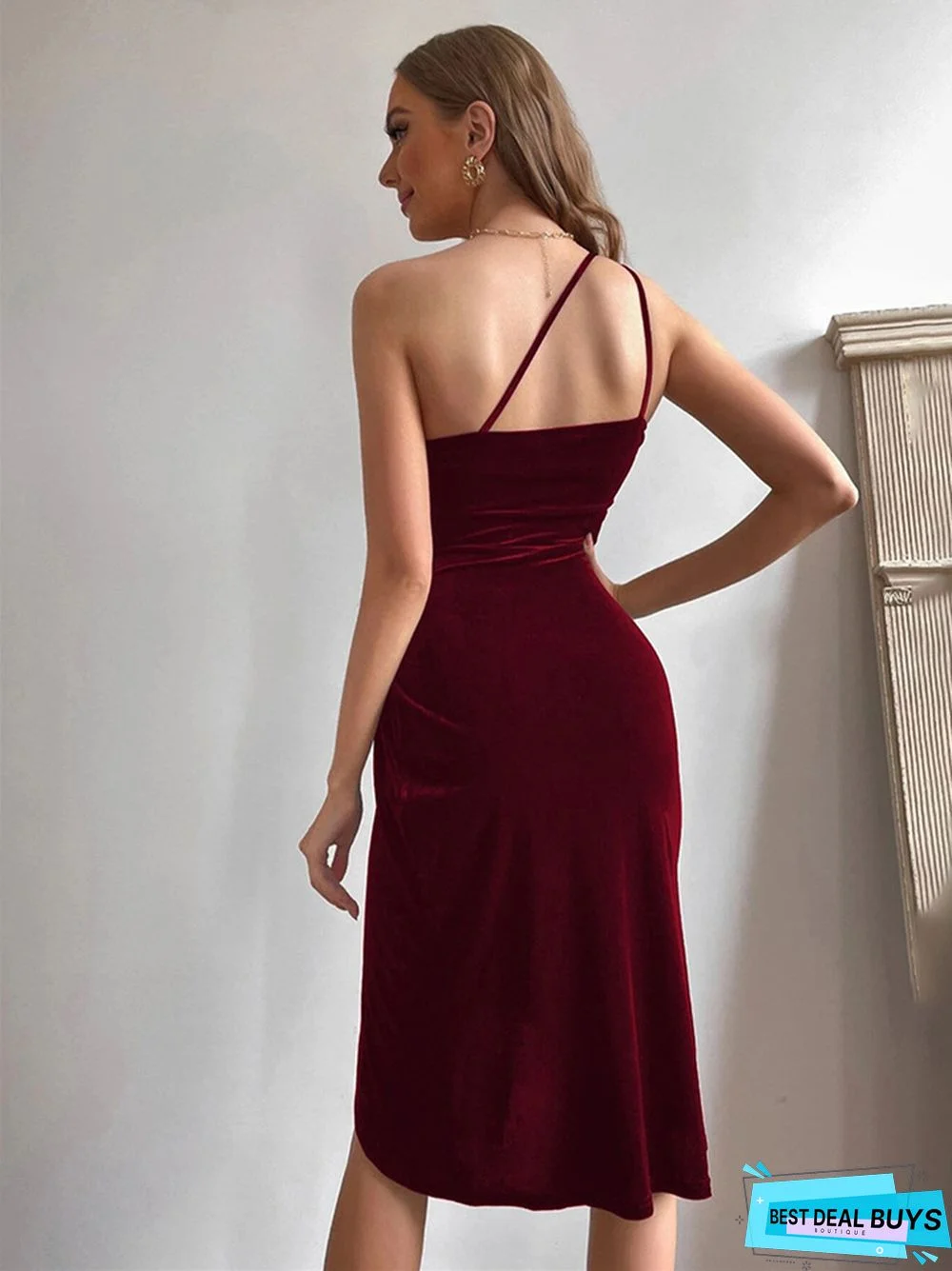 Women's New Temperament Commuter Waist Irregular Skirt Slant Shoulder Sleeveless Velvet Dress