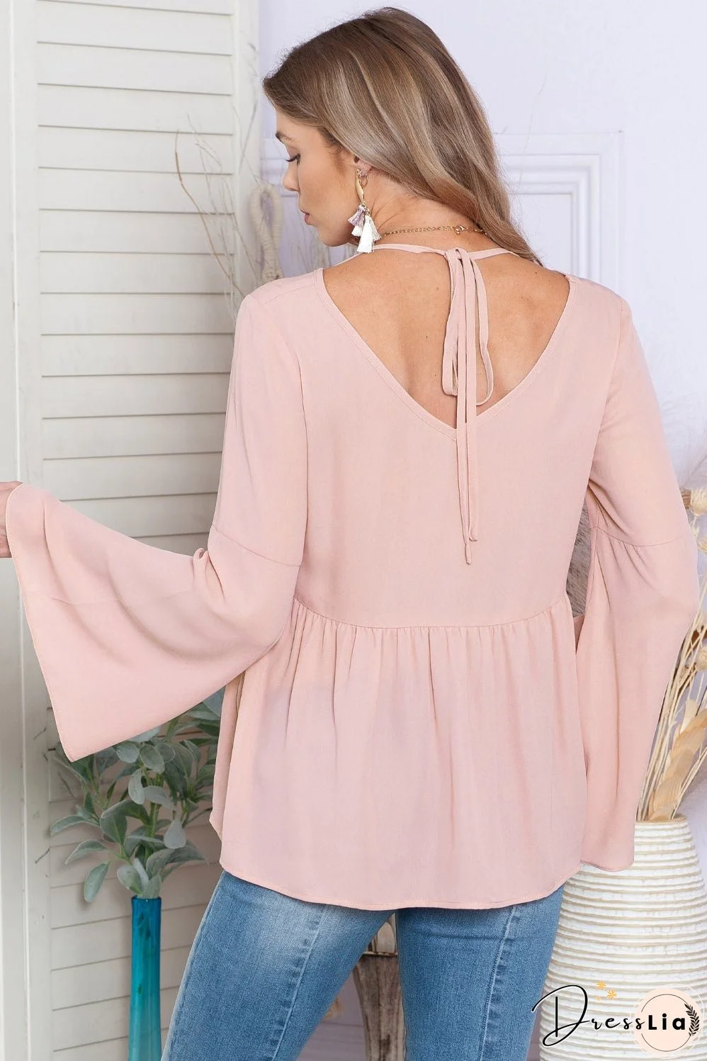 V-Neck Flare Sleeve Blouse