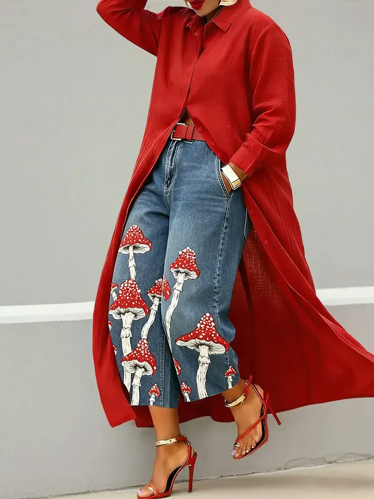 Women's Abstract Art Print Casual Loose Wide-leg Denim Pants