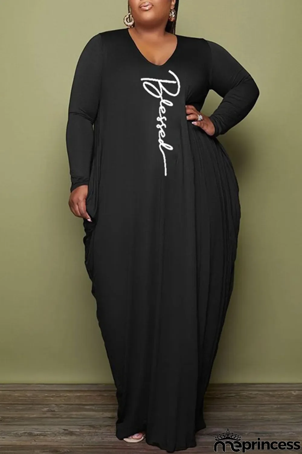 White Fashion Casual Print Basic V Neck Long Sleeve Plus Size Dresses