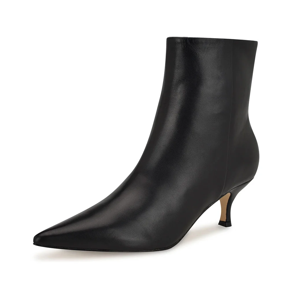 Faux Leather Closed Pointed Toe Side Zipper Black Heel Booties