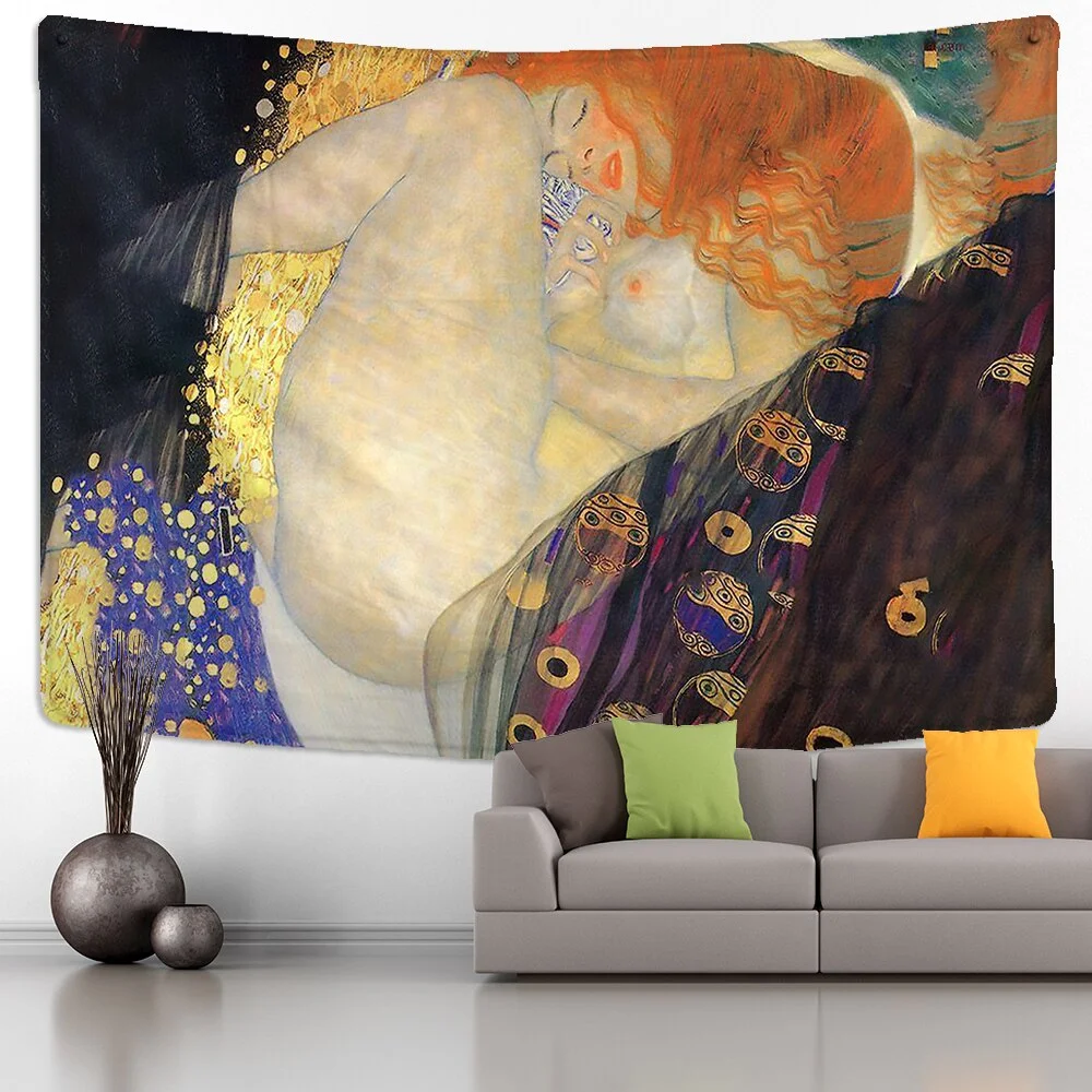 Gustav Klimt Oil Painting Tapestry Wall Hanging Kiss Of Gold Abstract Art Decoration Polyester Blanket Yoga Mat Home Bedroom Art