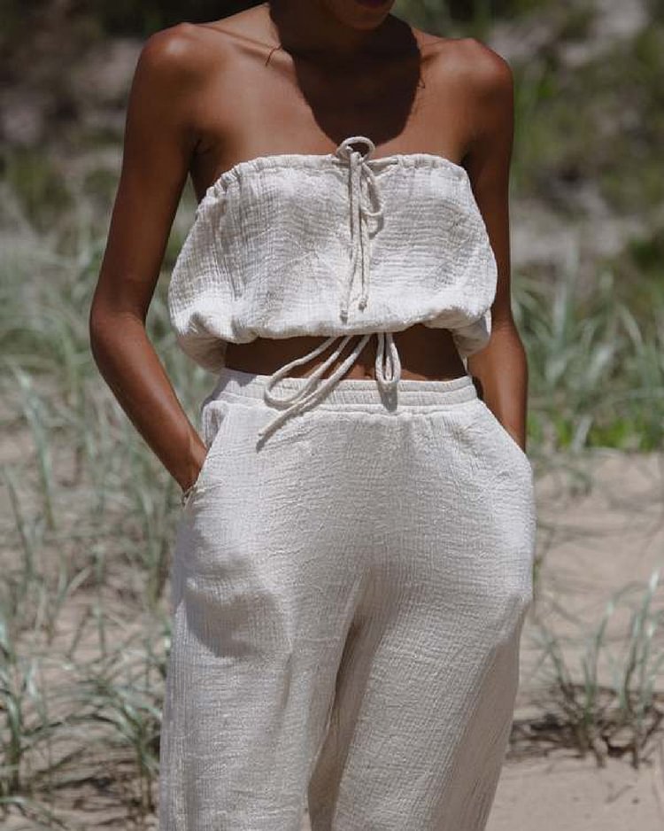 Linen Strapless Drawstring Tank Top Trousers Set