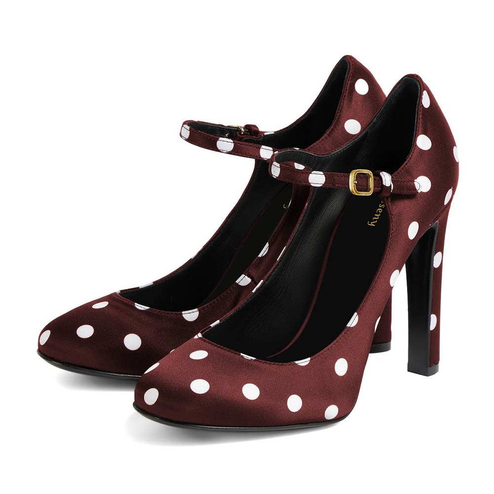 Brown & White Satin Chunky Heel Polka-Dot Mary Jane Shoes for Women Nicepairs