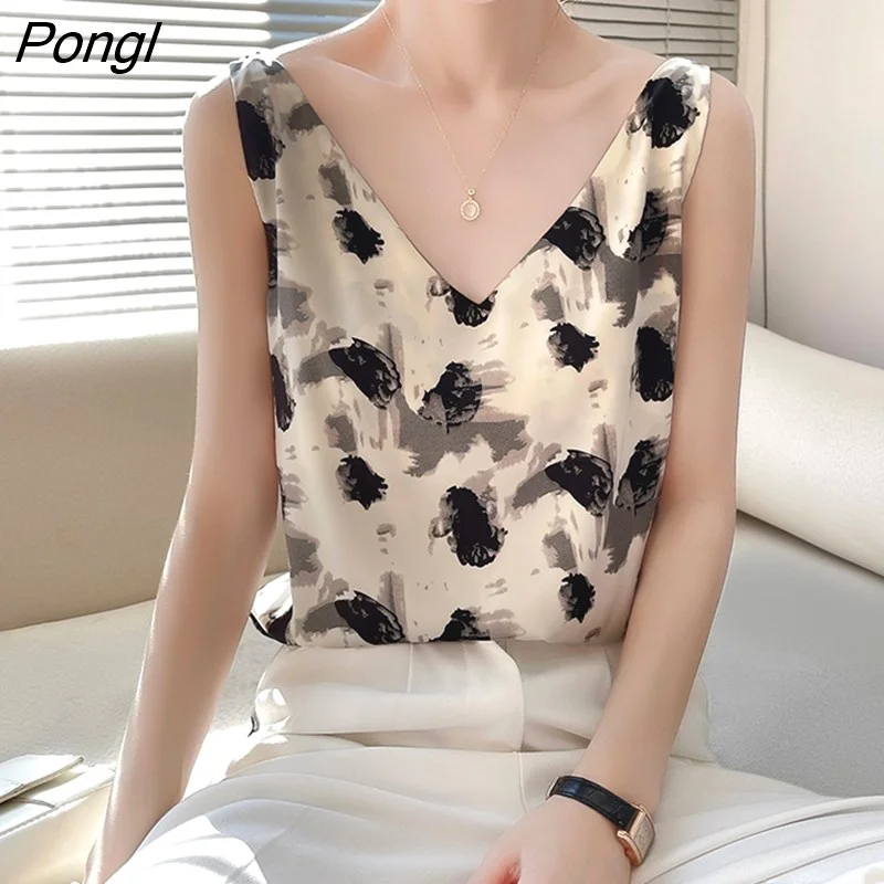 Pongl Printed Silk Camisole Ladies V-Neck Suit Inside Bottoming Thin Vest Women Satin Mulberry Silk Top Summer New Style Sling