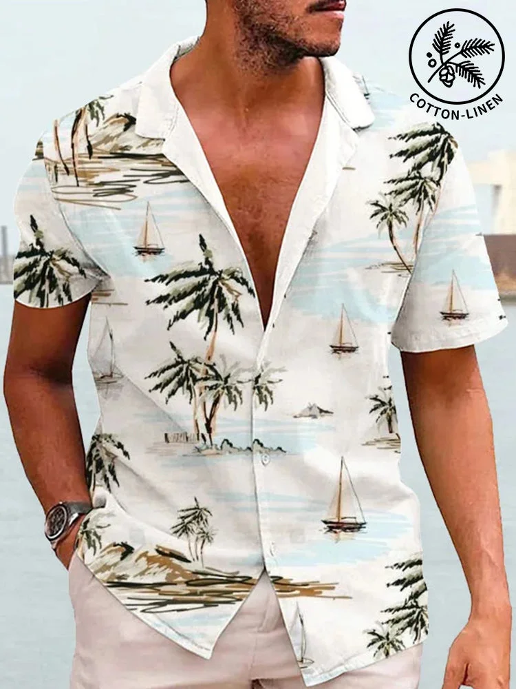 Linen Style Lapel Collar Printed Shirt