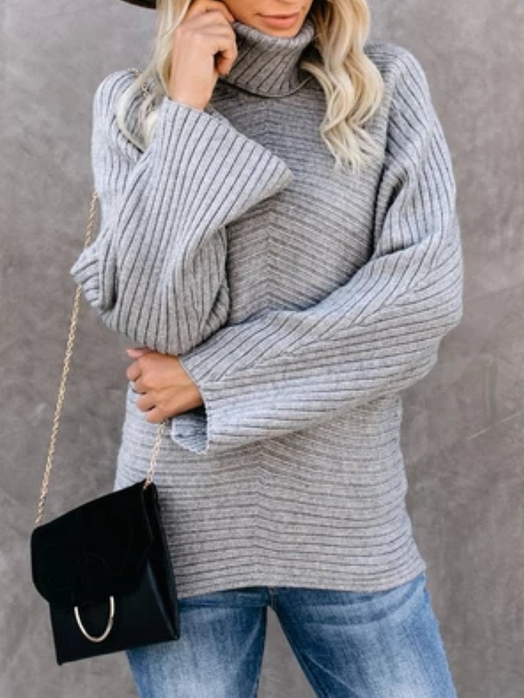 Grey Long Sleeve Knitted Casual plus size Sweater | EGEMISS