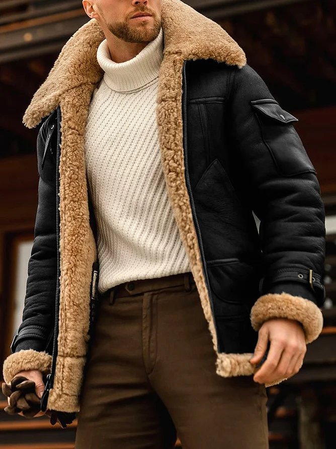 Men's Casual Plain Pockets Sherpa Lined Zip Up Jacket