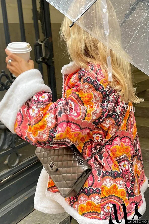 Cute Vintage Print Fleece Quilted Oversize Kimono Jacket