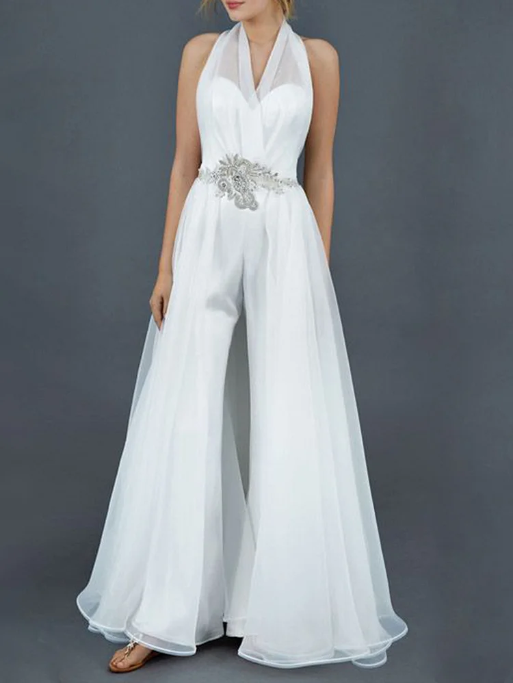 Elegant Halter Collar Embroidery With Tulle Skirt Jumpsuit