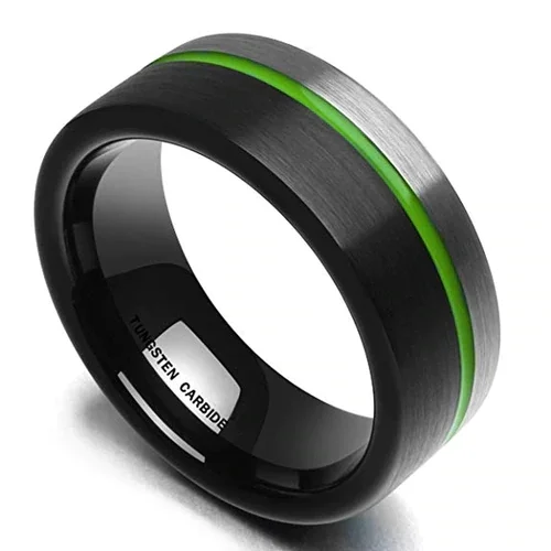 6MM 8MM Women's Or Men's Tungsten Carbide Wedding Matching Rings Green Plated Grooved Black and Silver Brushed and Comfort Fit