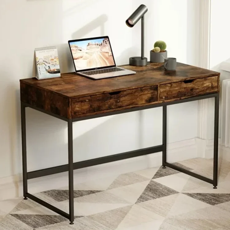 Bestier 43 inch Computer Desk with 2 Drawers, Small Writing Table with Metal Frame for Home Office, Rustic Brown