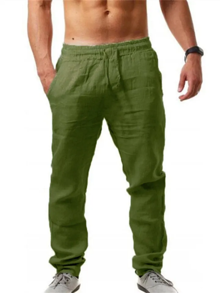 Men's Linen Pants Trousers Beach Pants Pocket Drawstring Elastic