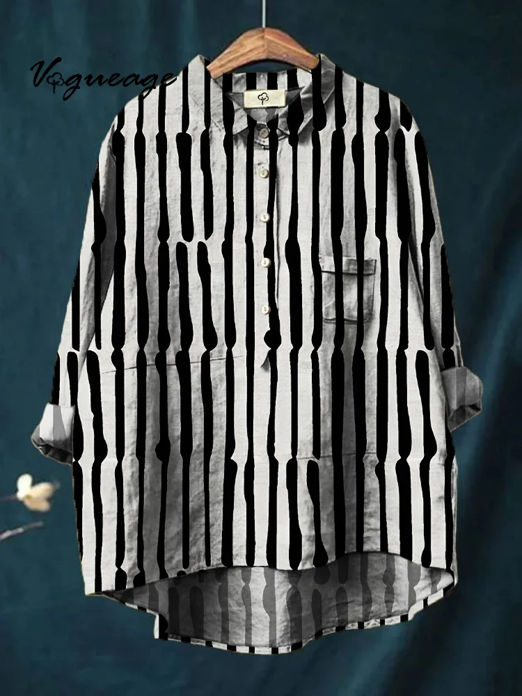 Black and White Vertical Stripe Printed Cotton And Linen Shirt