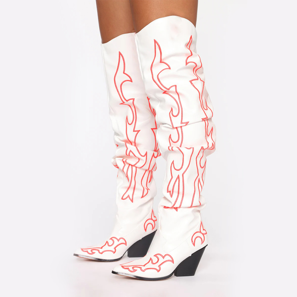 Flame Embroidered Chunky Over the Knee Cowgirl Boots