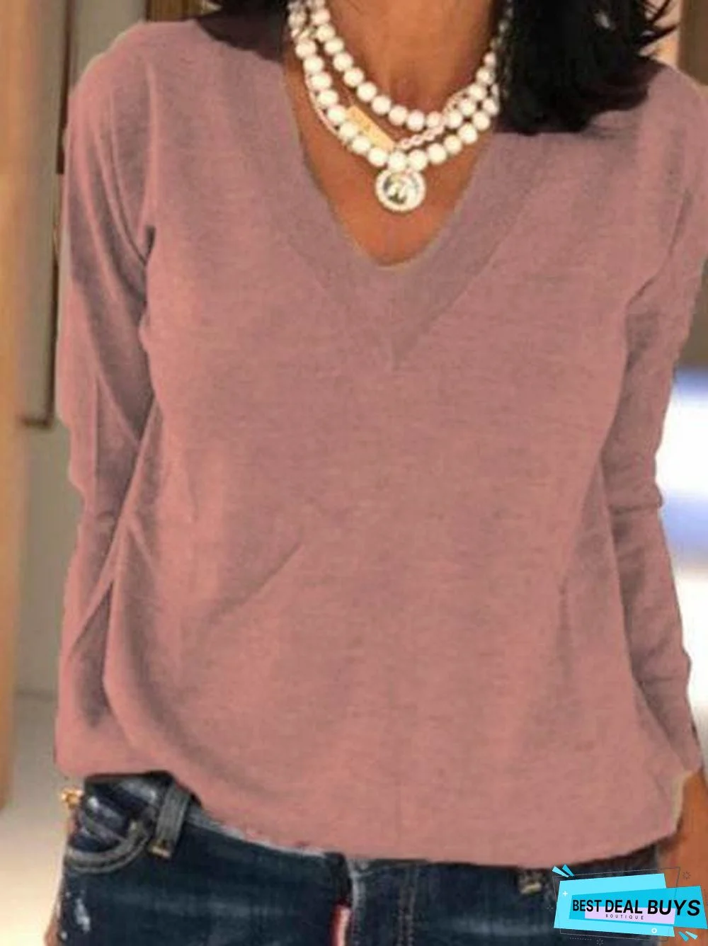 Gray Plain V Neck Cotton Casual Long Sleeve Spring/fall shirt & Top