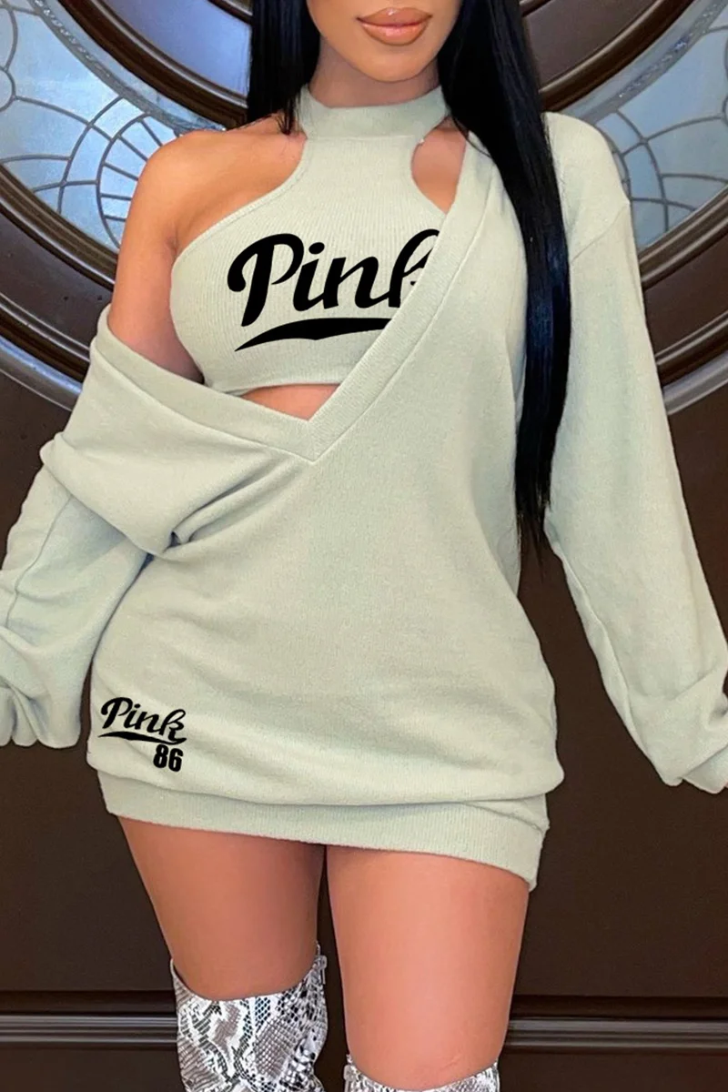 Green Fashion Sexy Letter Print Basic O Neck Long Sleeve Two Pieces | EGEMISS