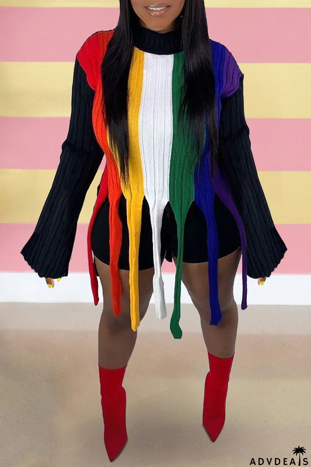 Colour Fashion Street Striped Tassel Split Joint O Neck Tops