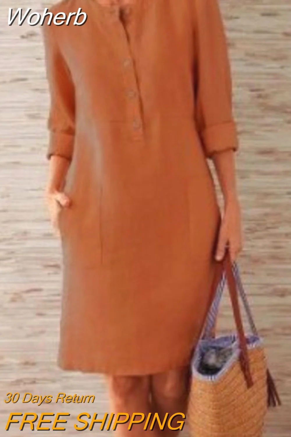 Woherb Dress Spring Solid Color Casual Round Neck Long-sleeved Dress Cheap Casual Women's Dresses Loose Elegant Ladies Clothes 715-1-Outfit Ideas