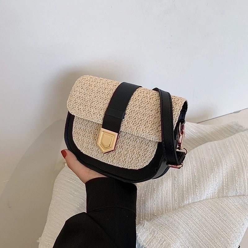 Women’s Small Straw Solid Color Basic Square Flip Cover Shoulder Bag