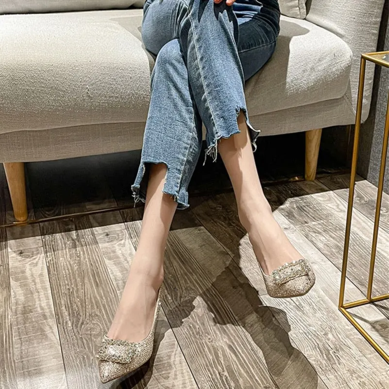 Meotina Woman Fashion Shoes Ponted Toe Thin High Heels Crystal Pumps Elegant Style Party Ladies Footwear Autumn Champagne Silver