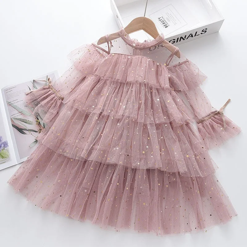 Bear Leader Girls Princess Mesh Layers Cake Dresses For Kids Sequin Elegant Party Tutu Prom Vestidos Children Ruffles Clothes