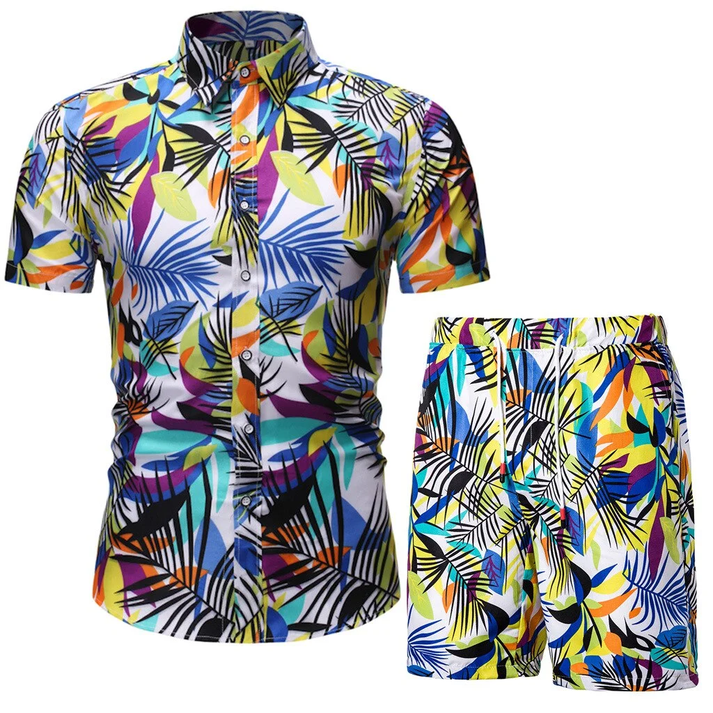2021 Summer New Men's Casual Suit Korean Slim Short Sleeve Shirt Shorts Mens Beach Suit 2 Piece Set