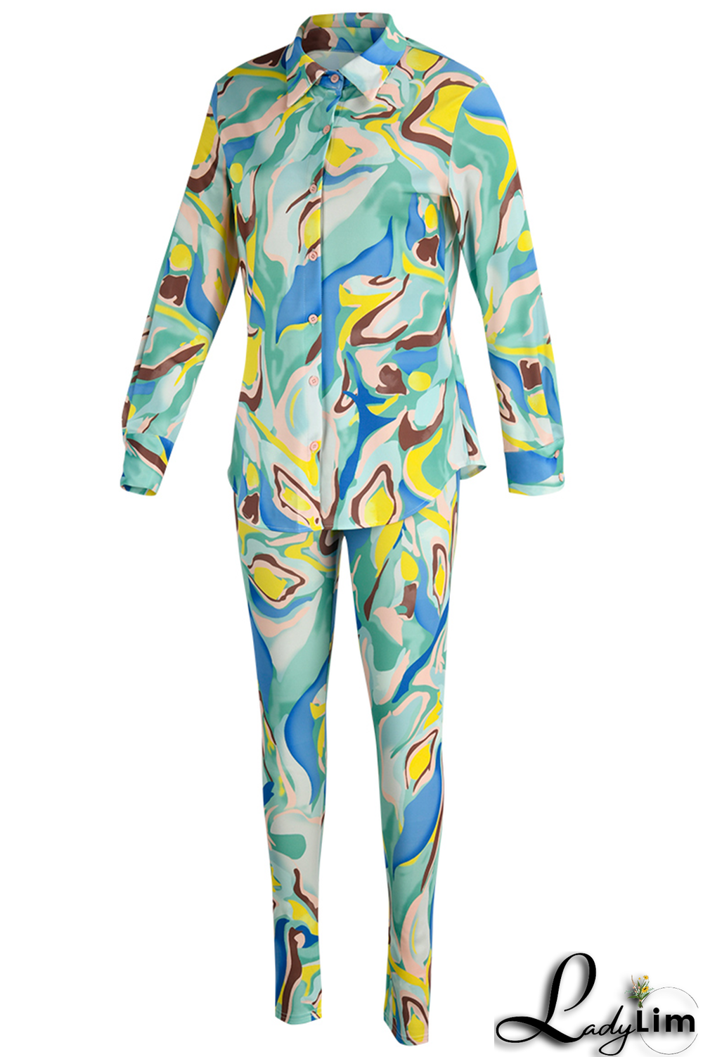 Yellow Casual Print Patchwork Turndown Collar Long Sleeve Two Pieces