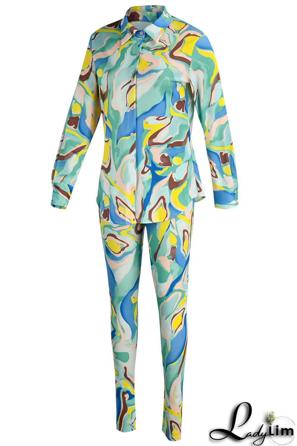 Yellow Casual Print Patchwork Turndown Collar Long Sleeve Two Pieces