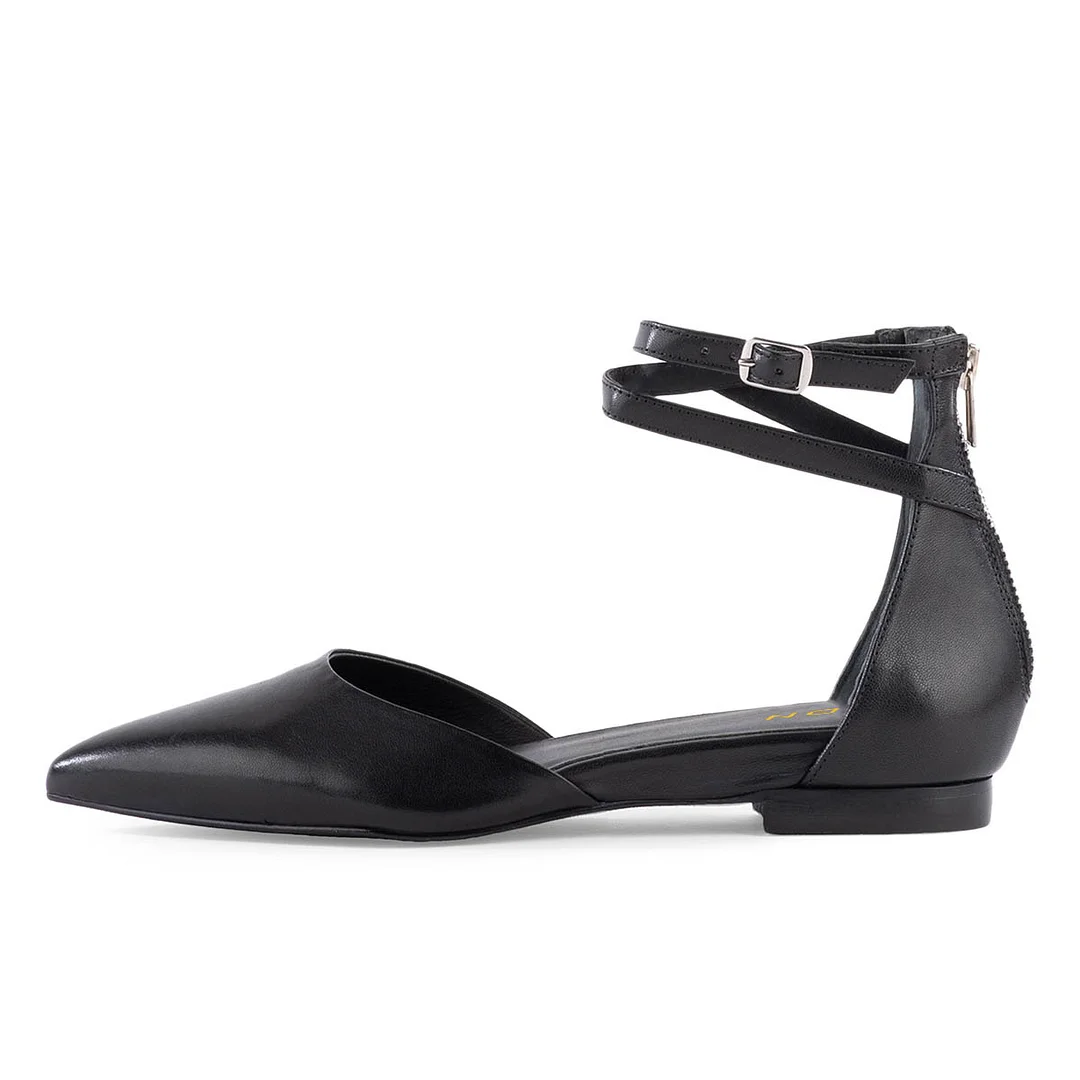 Comfortable Pointed Toe Zipped Flat Ankle Strap Pumps Shoes in Black