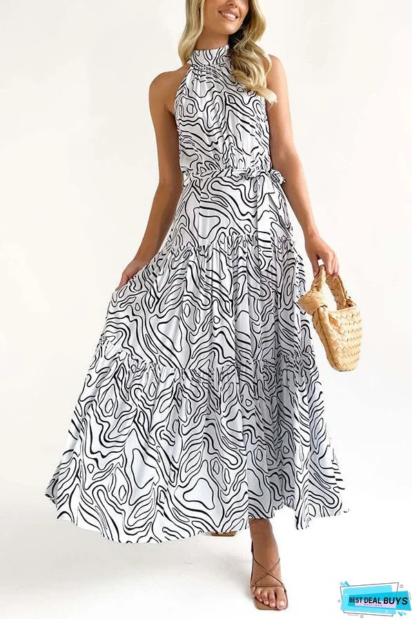 Elegant Loose Fashion Trend Print Lace Up Swing Dress