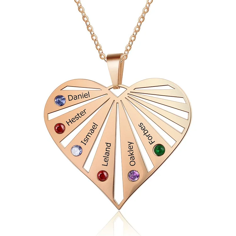 Engraved Heart Necklace Mother Necklace with 6 Stones 6 Names Personalized Family Necklace in Rose Gold