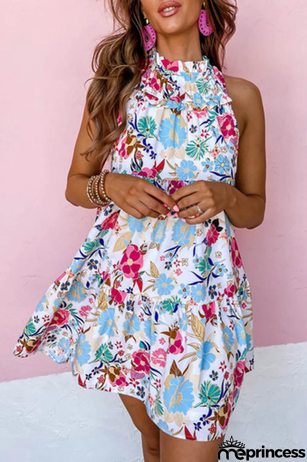 White Frill Mock Neck Sleeveless Tiered Floral Dress