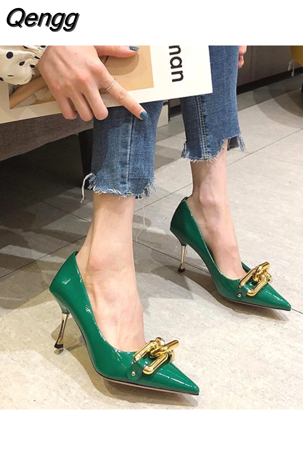 Qengg Heeled Shoes 2023 Pointed Toe Stiletto Shoes Women Green Pumps Patent Leather High Heels with Metal Chain Ladies Office