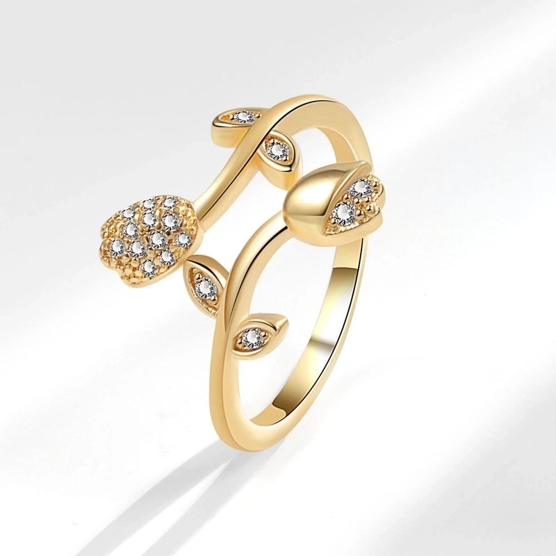 IG Style Sweet Flower Copper Inlay 14K Gold Plated Zircon Open Rings