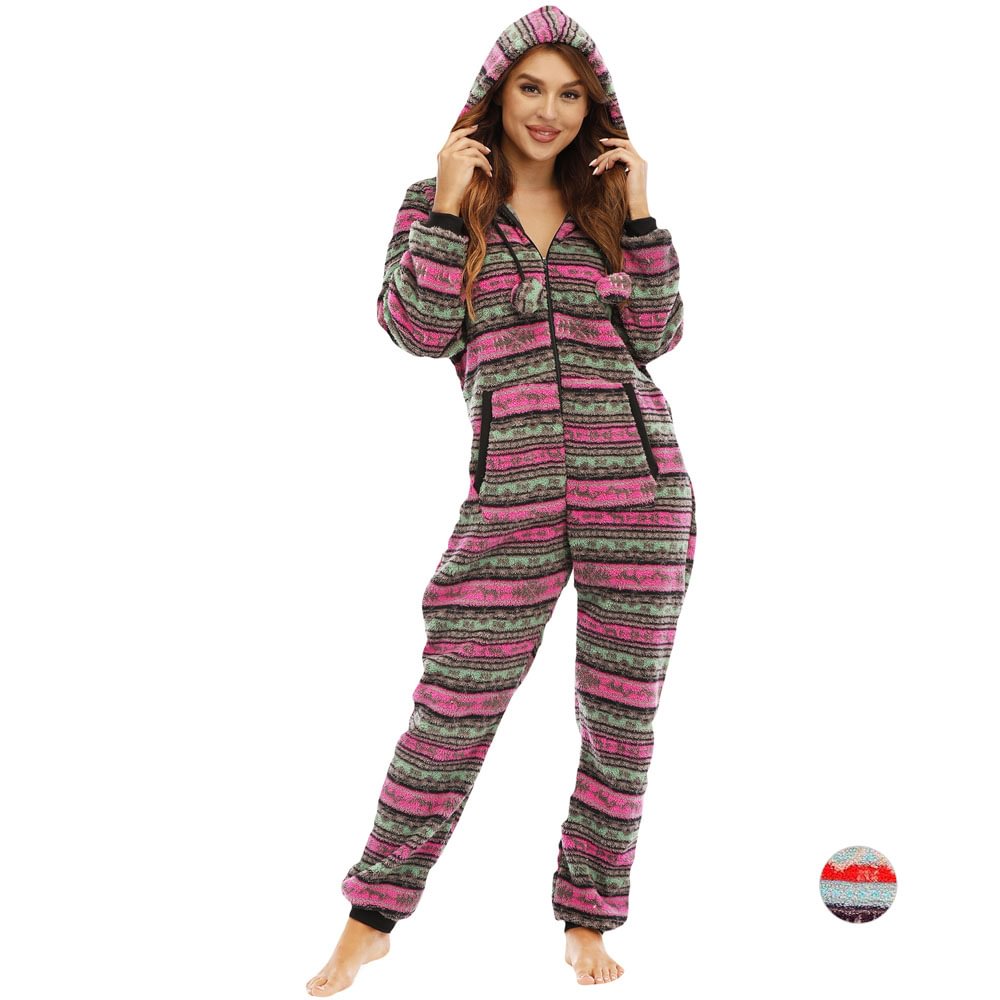 Womens Onesie Pajamas Printed Color Bar Jumpsuit Home Wear-Pajamasbuy