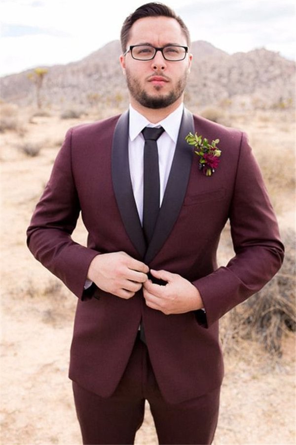 Chic Burgundy Slim Fit Groom Suit Wedding Suits For Best Men Groom Tuxedos | Ballbellas Ballbellas