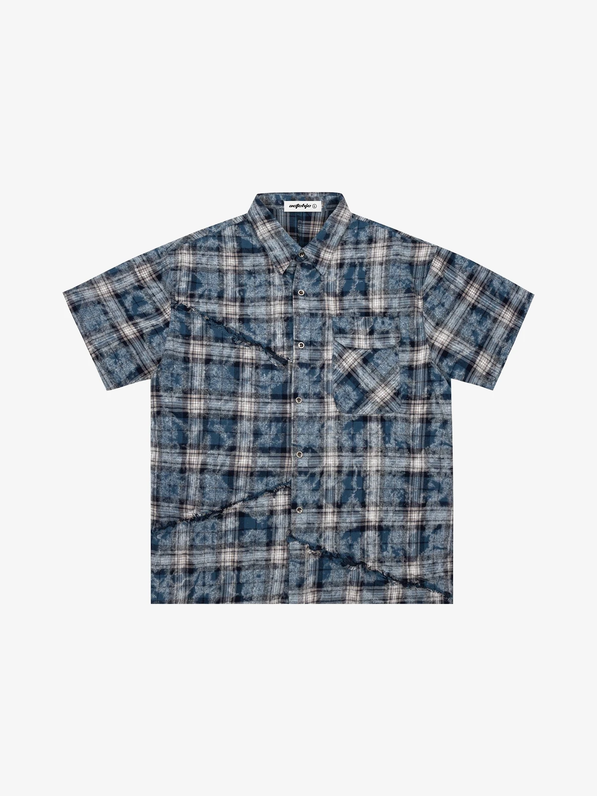 Blue Act Chic Washed Distressed Raw Edge Short Sleeve Shirt Front