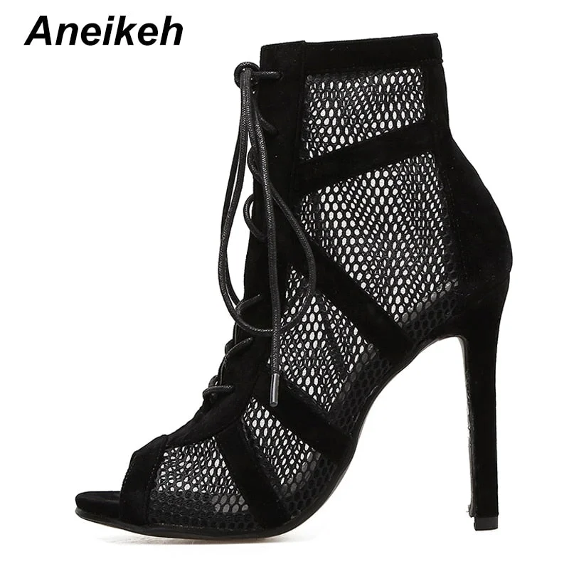 Aneikeh 2021 Fashion Basic Sandals Boots Women High Heels Pumps Sexy Hollow Out Mesh Lace-Up Cross-tied Boots Party Shoes Party